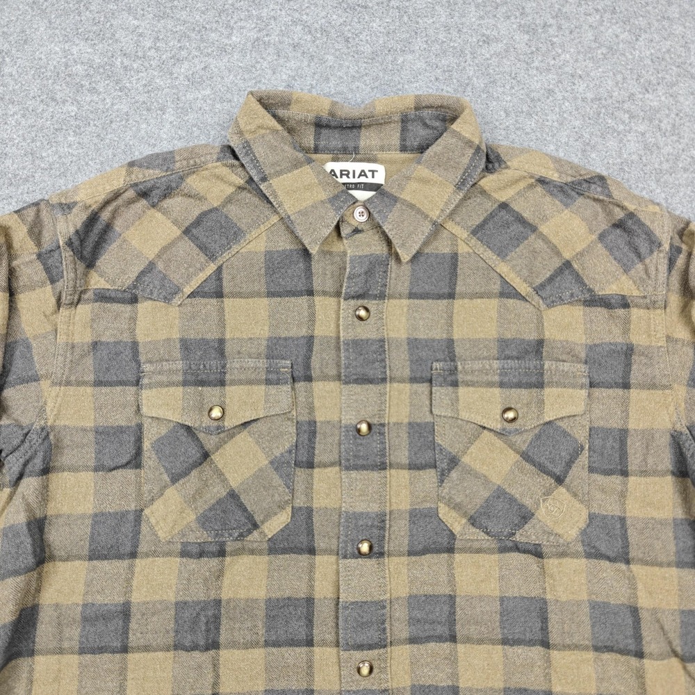 Ariat Flannel Shirt Mens Large Beige Plaid Cotton Long Sleeve Snap Western - Picture 3 of 10